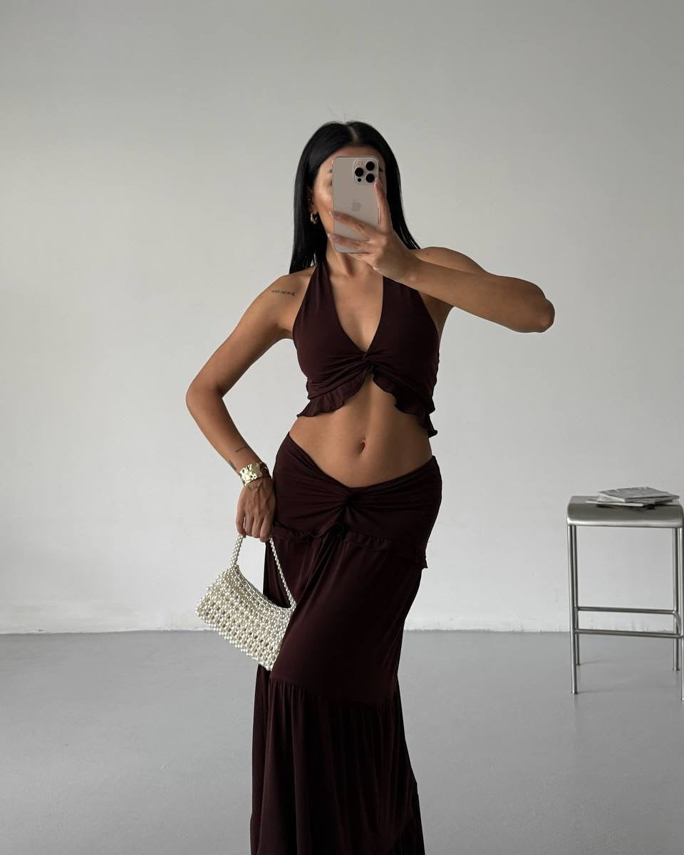 Knot Detail Ruffled Crop Gather Detail Asymmetrical Waist Skirt