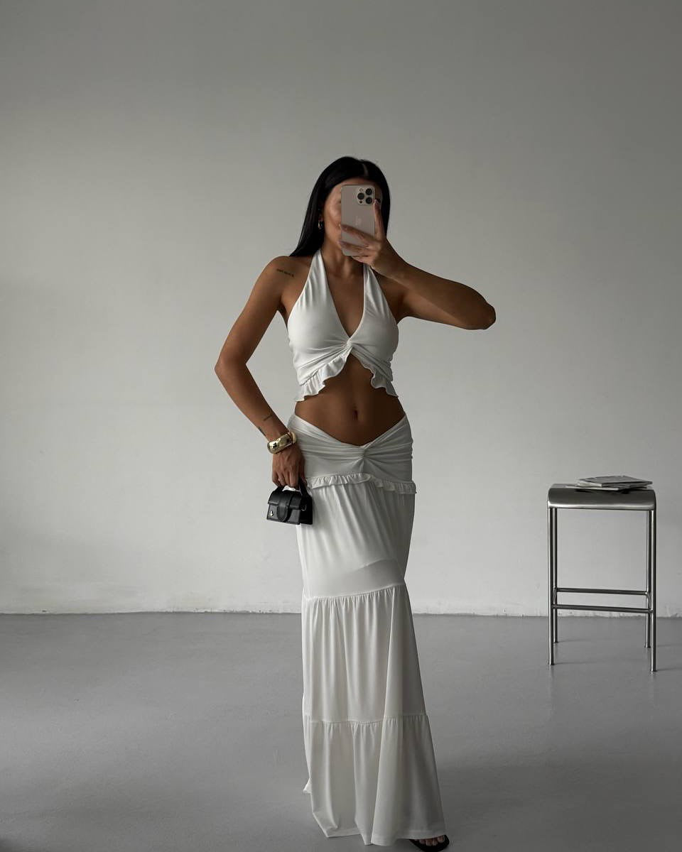 Knot Detail Ruffled Crop Gather Detail Asymmetrical Waist Skirt