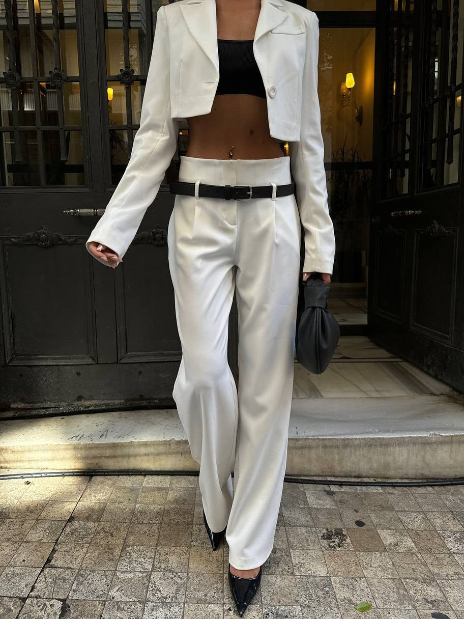 White pants with belt